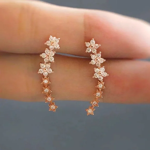 Cherry Blossom Diamond Climber/Crawler Floral Gold Dainty Wedding Gift Earrings - Picture 6 of 8